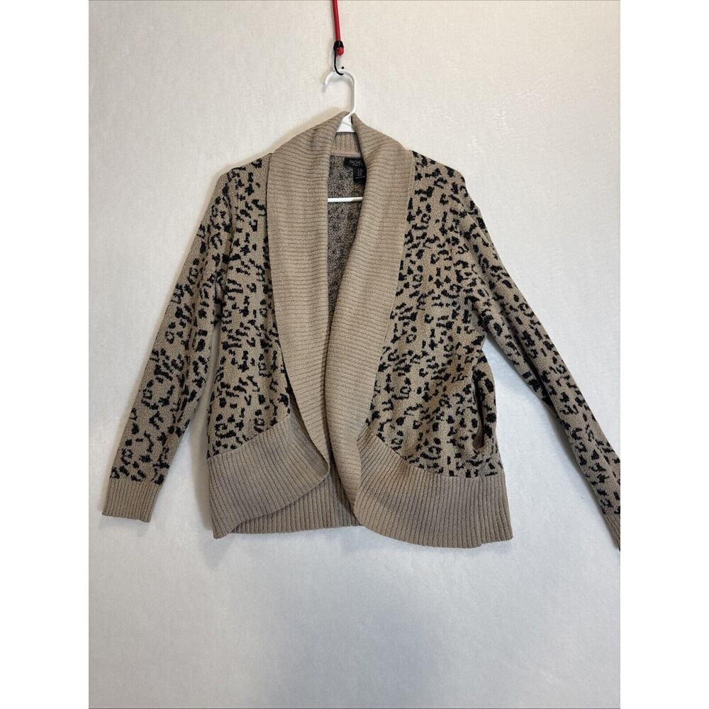 Rachel Zoe Women Medium M Cardigan Beige Chetta Leopard Sherpa LS Open Front